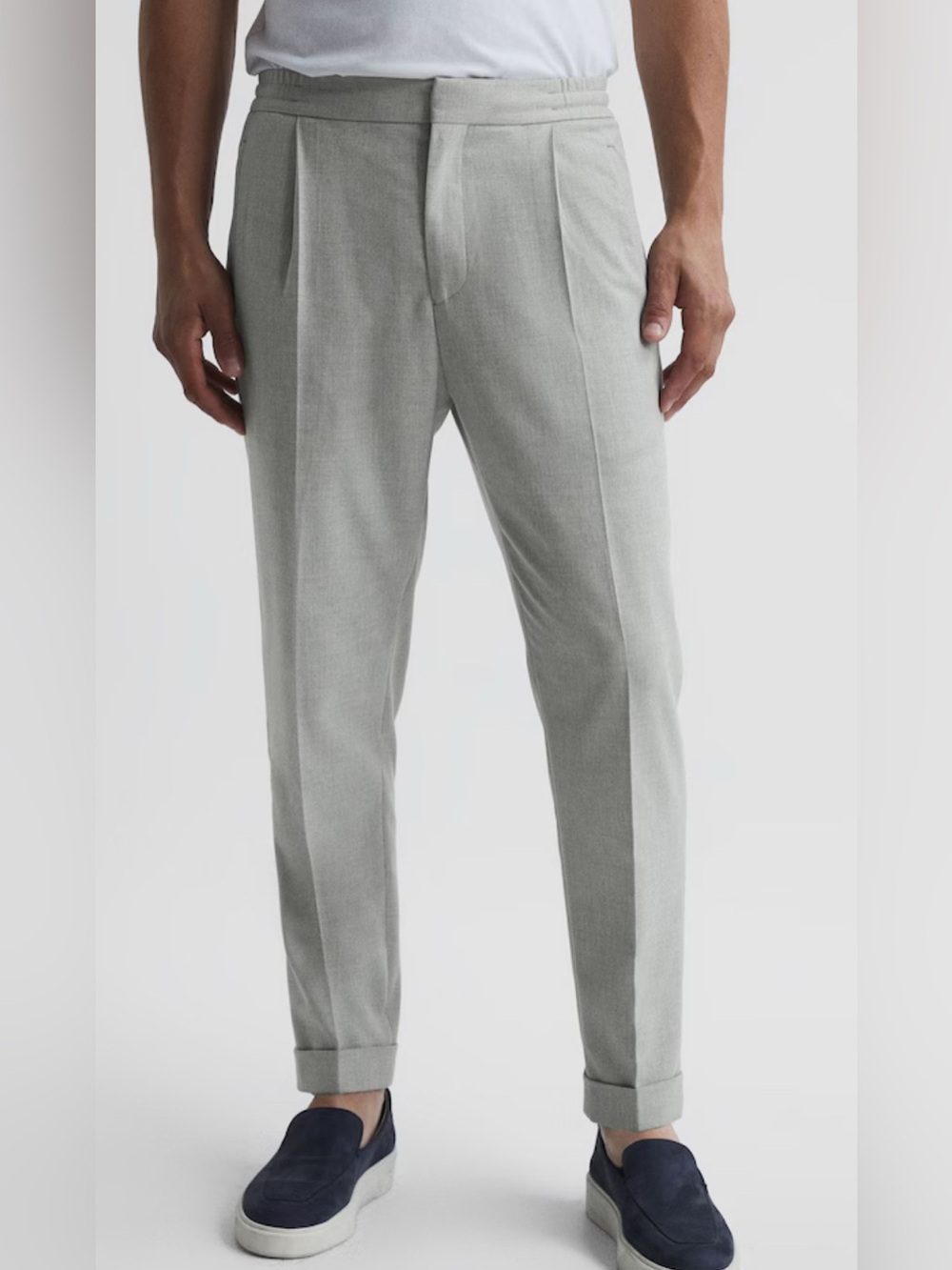 Reiss Mens Relaxed Drawstring Trousers with Turn-Ups in Soft Grey NWT